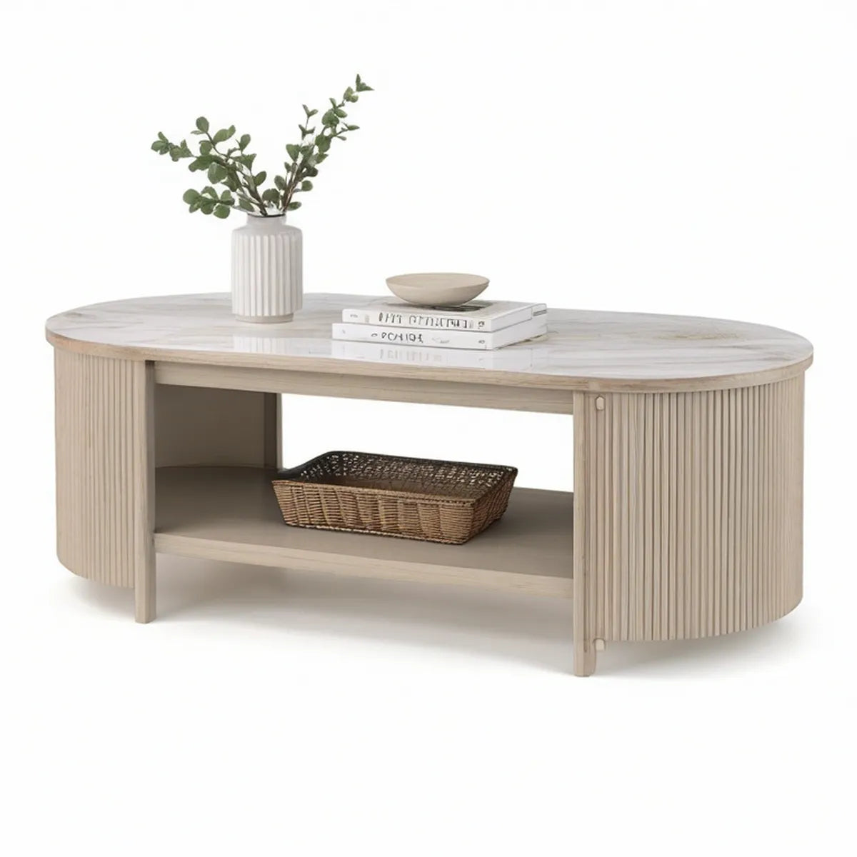 Oválný konferenční stolek s úložným prostorem, 120 × 60 × 45 cm, béžový s bílým mramorovým dekorem