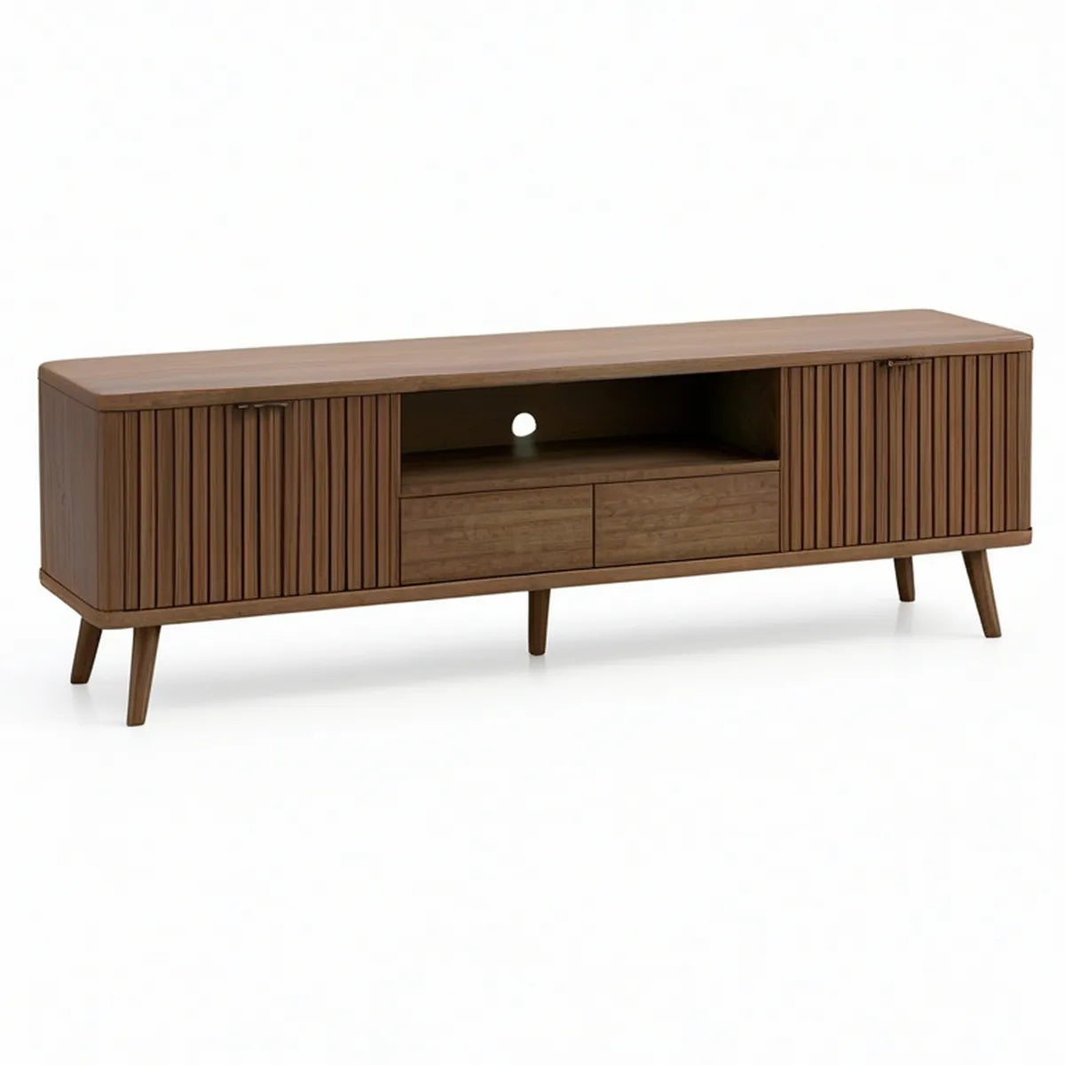 TV stolek z MDF v tmavém ořechovém dekoru, 2 dvířka a 2 zásuvky, 160 × 40 × 55 cm
