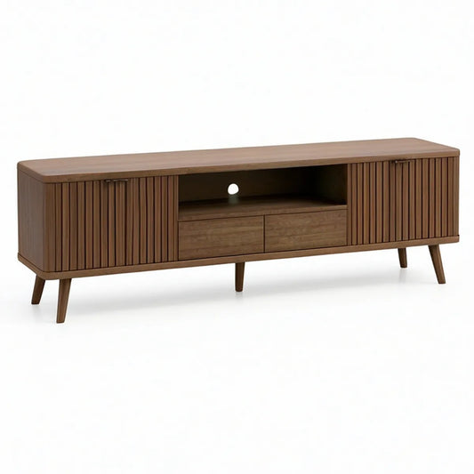 TV stolek z MDF v tmavém ořechovém dekoru, 2 dvířka a 2 zásuvky, 160 × 40 × 55 cm