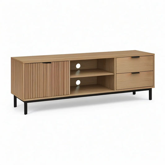 TV stolek se 2 zásuvkami a 2 otevřenými přihrádkami, 160 × 55 × 40 cm, dubově hnědý/černý