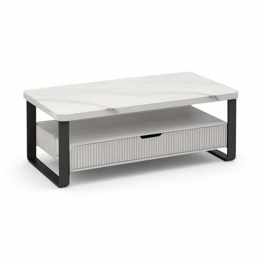 Konferenční stolek s úložným prostorem 100 × 60 × 45 cm, bílý mramorový dekor/černá