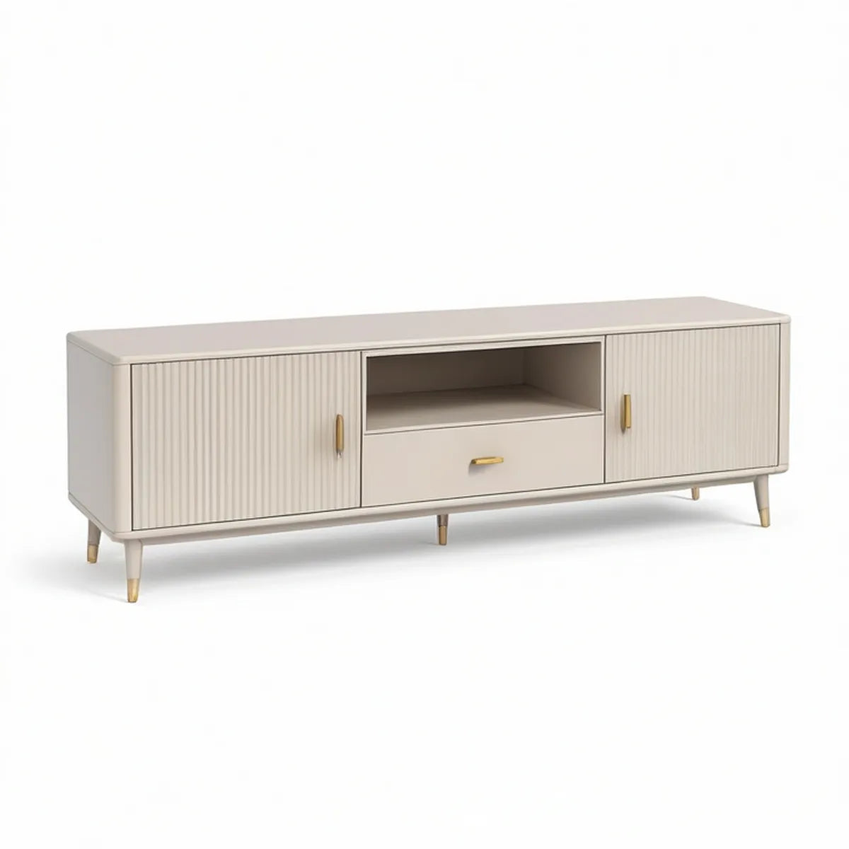 TV stolek se 2 dvířky, zásuvkou a otevřenou přihrádkou 180 × 40 × 55 cm, krémový/zlatý